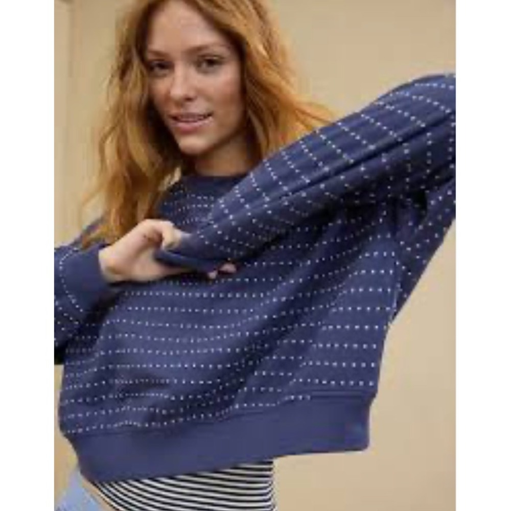 Aerie Take It Easy Crew Sweatshirt Blue Embroidered Dots Large Cropped